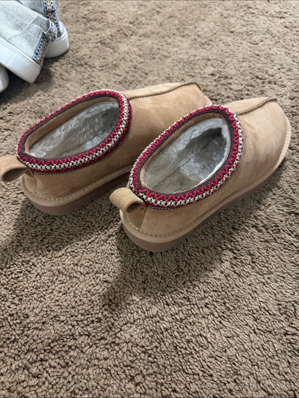 Maurices Tan Suede-Look Slip-Ons with Red Trim
